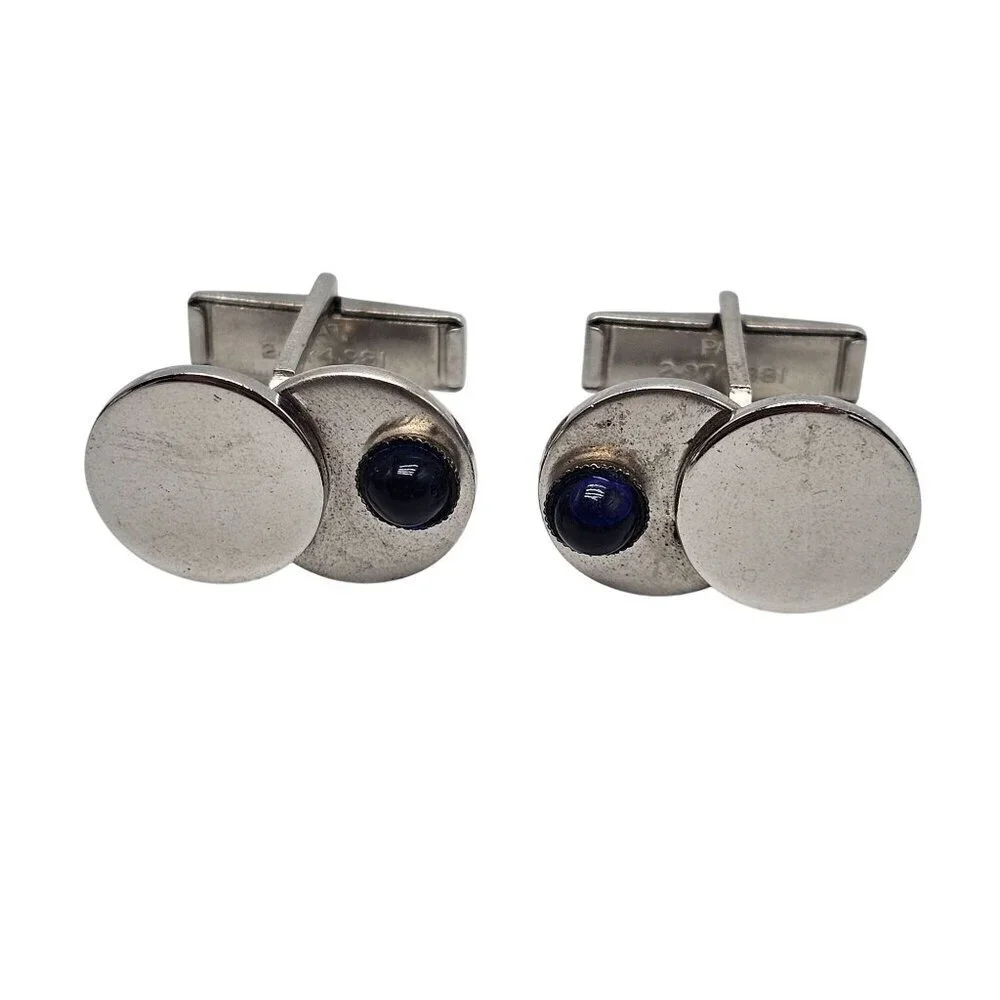 Vintage Silver Tone Cufflinks With Blue Glass Cabochon Mid Century